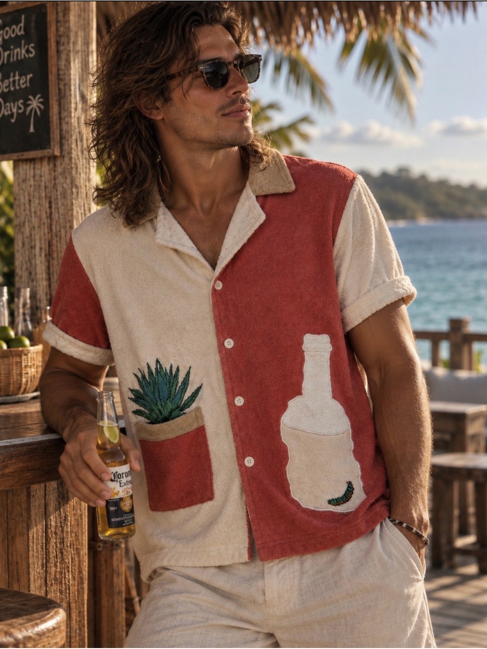 Tombolo “¡Gusanito!” Cabana Shirt XXS Colorblock Agave Bottle Terry